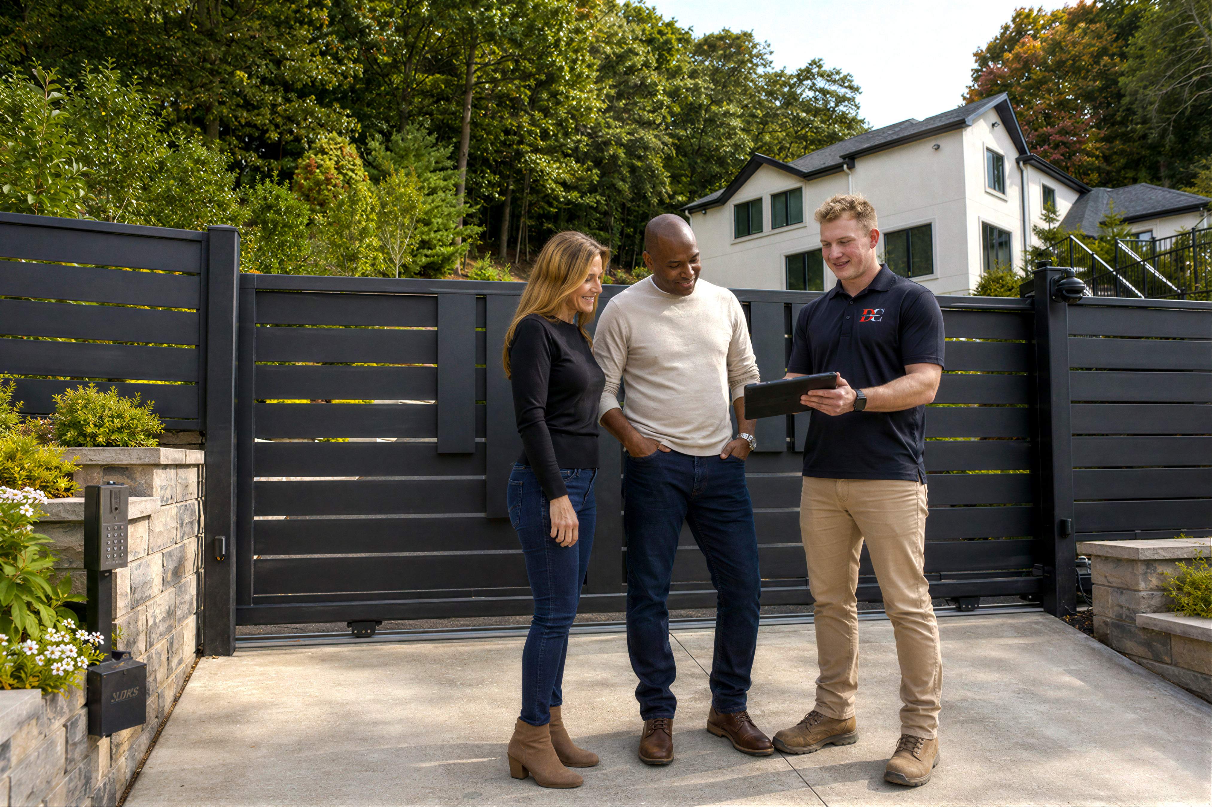 DC Controls technician walking a homeowner through their gate options